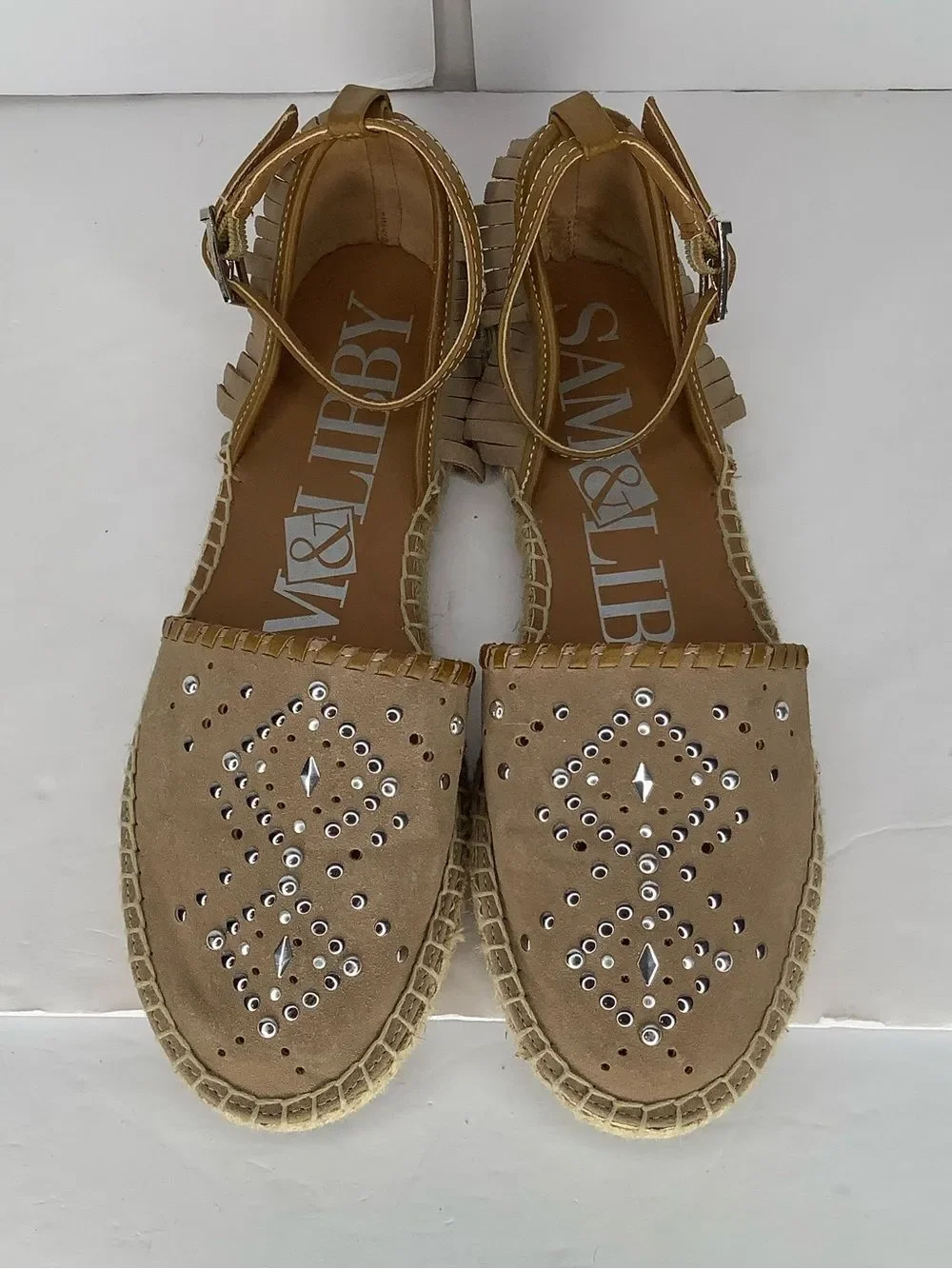 Sam & Libby Taupe Suede Espadrille Sandals Ankle Strap Stud Accents Sz 7
